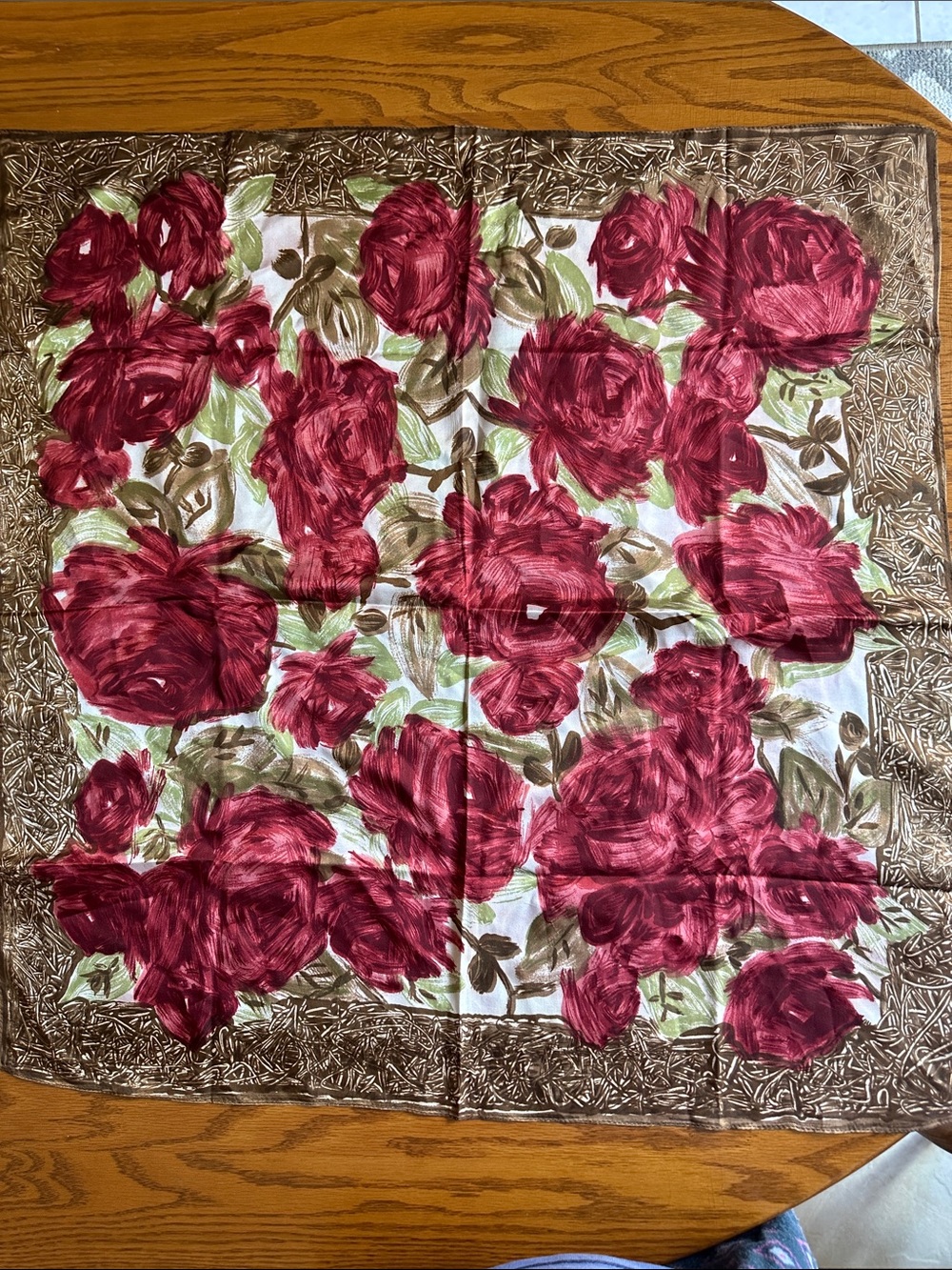 Floral Satin Square Scarf in Burgundy and Brown
